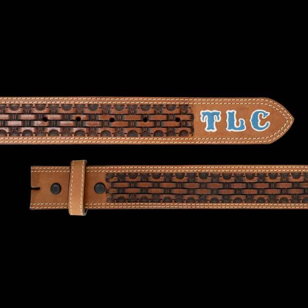 The Cedar Elm Custom Leather Belt is durable & easy to personalize, it's sure to be your newest closet staple. Crafted on high-quality, top grain leather with a rich brown basket weave tooling pattern. Add your name or initials to the tip for 
